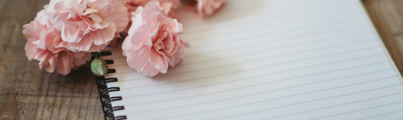 Notizbuch mit leeren Seiten und rosa Nelken auf einem Holzuntergrund.